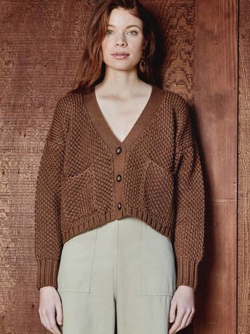 First Rite brown textured knit Pima cotton cardigan with pockets, size M